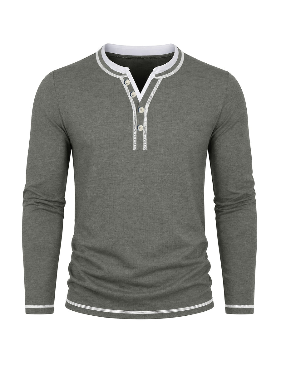 Cross-Border Men's Long Sleeve Crew Neck T-Shirt 2-in-1 Look Henley Shirt European and American Men's Pullover Top Base Layer Shirt - Dark Gray