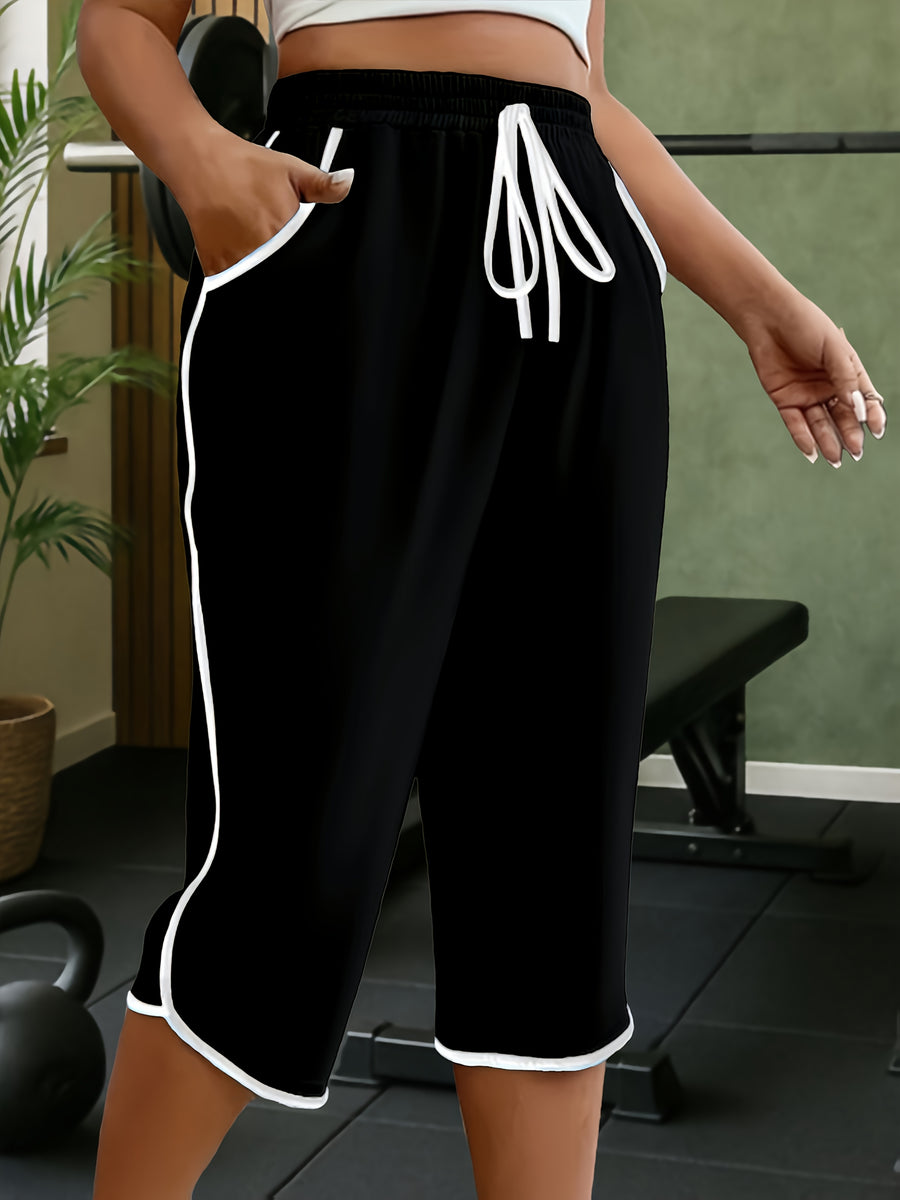 New Spring And Summer Solid Color Casual Comfortable Mid-Length Sweatpants For, Fitness, And with Pockets - Black