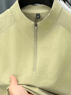Men'S Summer Top T-Shirt, Half-Zipper Stand-Up Collar Design, Casual And Light Business Style, Adjustable Collar with Zipper, Balancing Ventilation And Styling; Mesh Shoulder Panel for Enhanced Breathability - Matcha Green
