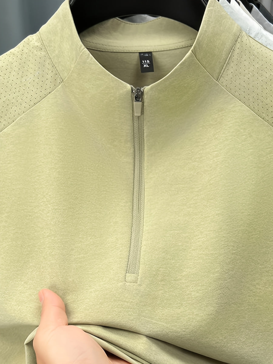 Men'S Summer Top T-Shirt, Half-Zipper Stand-Up Collar Design, Casual And Light Business Style, Adjustable Collar with Zipper, Balancing Ventilation And Styling; Mesh Shoulder Panel for Enhanced Breathability - Matcha Green