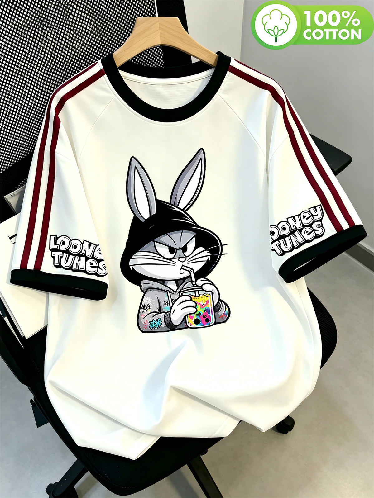 WB Warner Bros. Official Licensed New Men's Double Stripe Raglan 100% Pure Cotton T-Shirt, Trendy Cool Gray and Black Spliced Hoodie with  Arm Graffiti Street Print Design, Men's Casual Versatile Cotton T-Shirt, Suitable for Daily Wear and Outdoor - White
