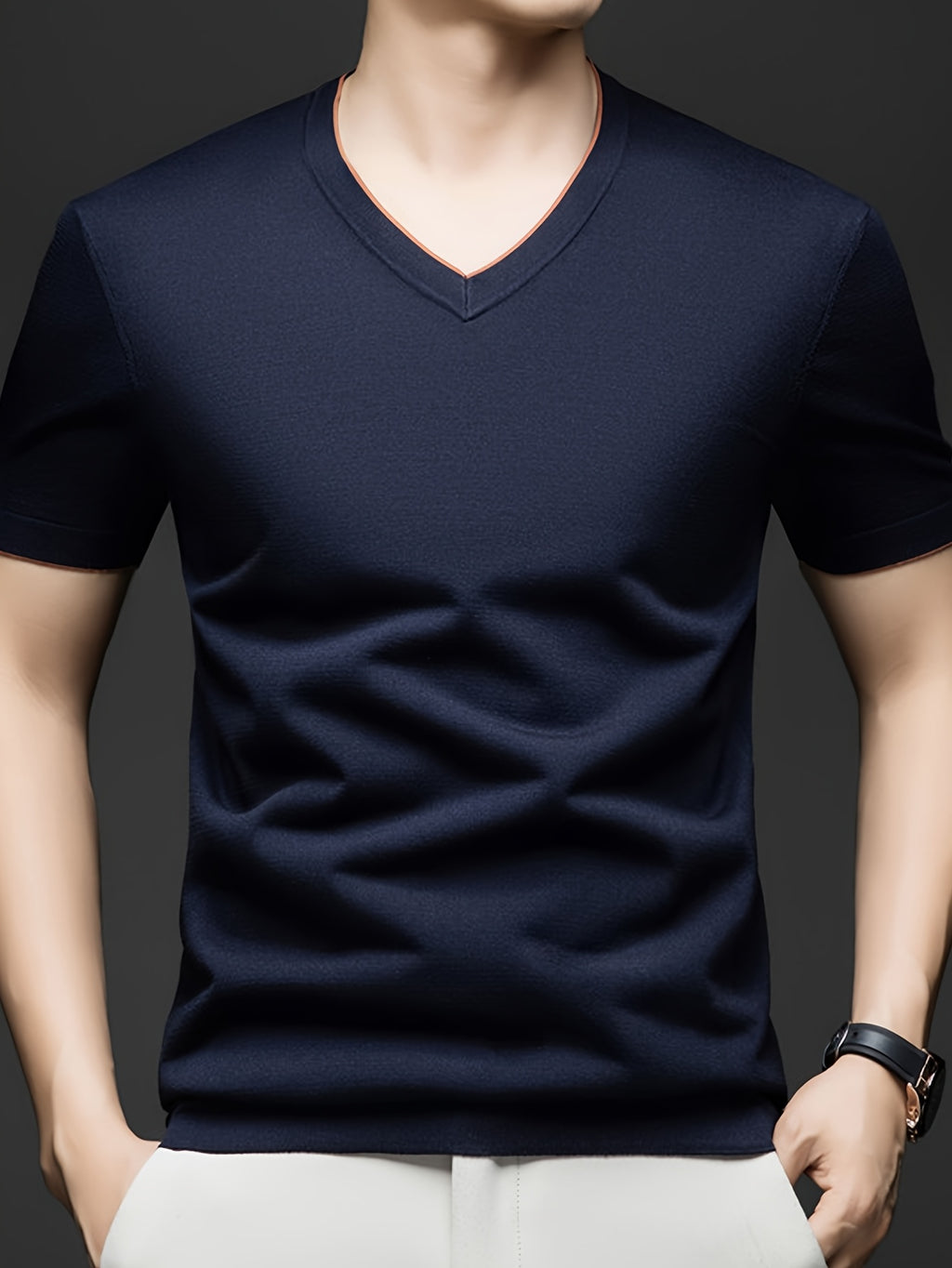 Men'S Summer Short-Sleeved T-Shirt, V-Neck Color-Blocking Details, a Slightly Slim Fit That Conforms to The Body, Showing Neat Lines Without Being Tight, Suitable for Daily Leisure/Weekend Travel Scenarios, And Light Social Scenarios - Shangqing