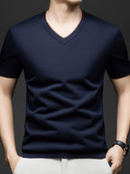 Men'S Summer Short-Sleeved T-Shirt, V-Neck Color-Blocking Details, a Slightly Slim Fit That Conforms to The Body, Showing Neat Lines Without Being Tight, Suitable for Daily Leisure/Weekend Travel Scenarios, And Light Social Scenarios - Shangqing