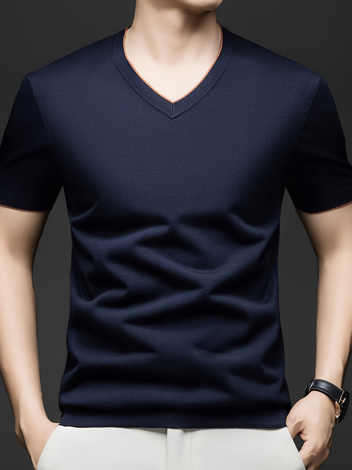 Men'S Summer Short-Sleeved T-Shirt, V-Neck Color-Blocking Details, a Slightly Slim Fit That Conforms to The Body, Showing Neat Lines Without Being Tight, Suitable for Daily Leisure/Weekend Travel Scenarios, And Light Social Scenarios - Shangqing