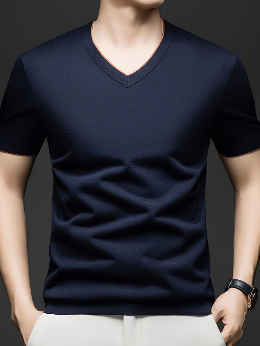 Men'S Summer Short-Sleeved T-Shirt, V-Neck Color-Blocking Details, a Slightly Slim Fit That Conforms to The Body, Showing Neat Lines Without Being Tight, Suitable for Daily Leisure/Weekend Travel Scenarios, And Light Social Scenarios - Shangqing