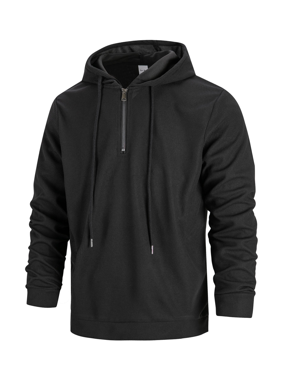 Men's Solid Color Waffle Knit Half-Zip - Lightweight Breathable Half-Zip Hoodie, Long Sleeve Casual Pullover Suitable for Streetwear, Travel, Spring & Autumn Layering, Waffle Texture - Black