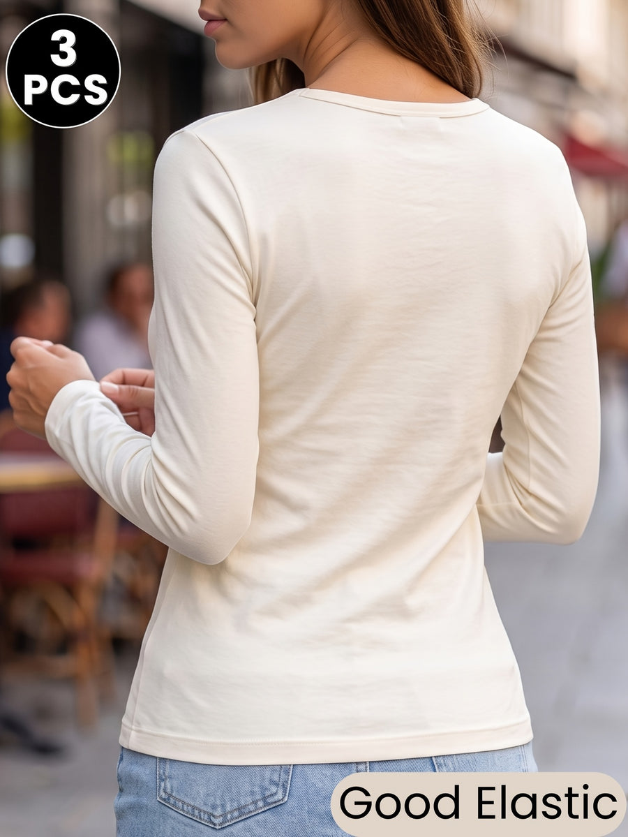 3pcs Set, Women'S Autumn Winter Lightweight Warm Long Sleeve Top, Seamless Invisible Base Layer Breathable Comfortable Fashion Multi-Wear Indoor Home Commute Dating Wear Inner Layer Or Outer Layer Slim Fit Base Top - Black+beige+pink