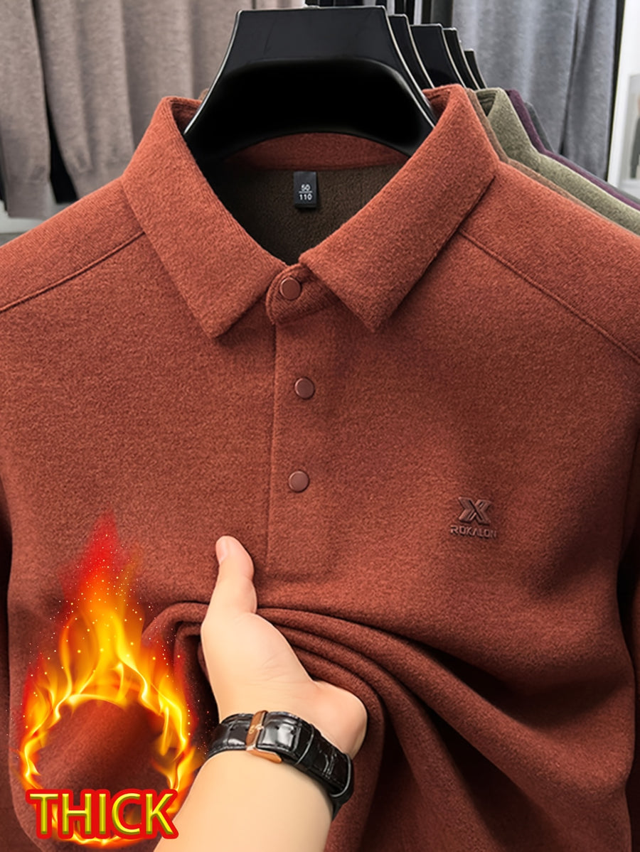 Thickened Men'S 3-Button Collar Polo Pullover Long Sleeve, Buttoned Placket, Ribbed Cuffs, Suitable for Autumn Inner And Outer Wear - SINBOS - Maple Red
