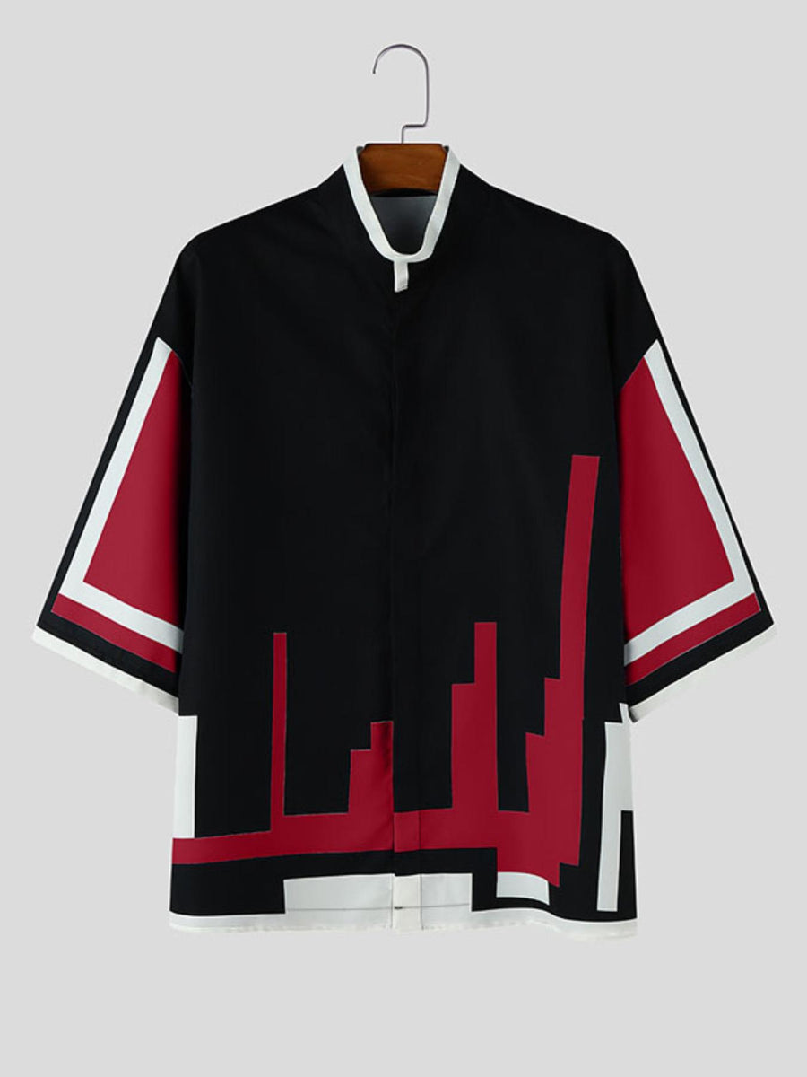 Men Casual Tops Funny Print Stand Collar Short Sleeve Loose Thin Outdoor Street Summer Vacation Hippy Shirt - Red