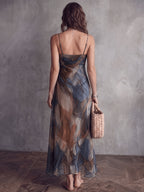 Elegant Watercolor Tie-Dye Cami Maxi Dress, Ruched Waistline Sheer Chiffon Flared Hem Formal Wedding Guest Beach Dress - Multicolor