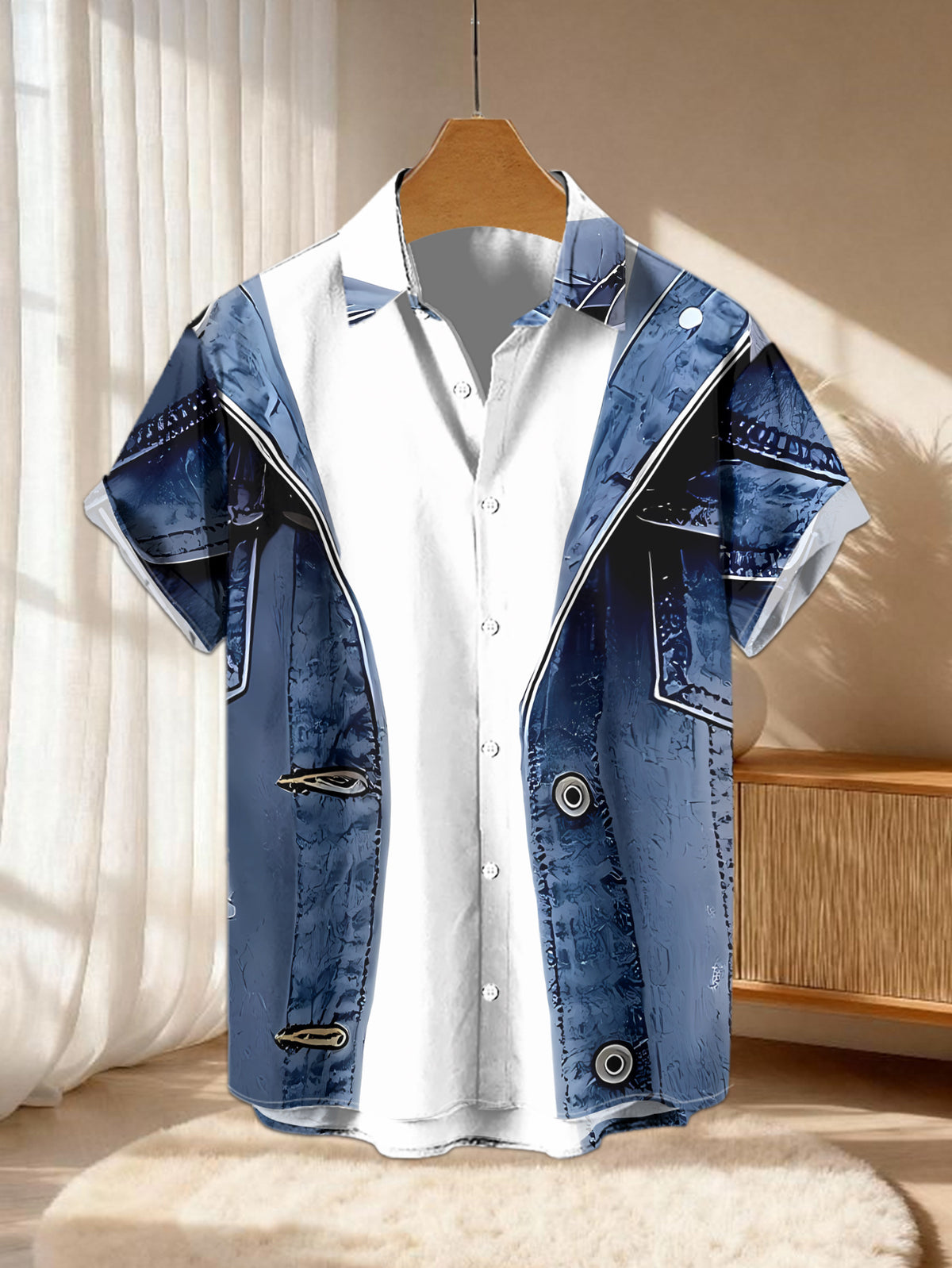 New Men'S Casual Short-Sleeve Shirt, Washed Faux Denim Jacket Detail, Holiday Party Commute All-Match, Polyester Fabric Machine Washable, Lightweight Summer, Suitable for Casual Wear Outdoor Activities And Daily Outfits - Multicolor