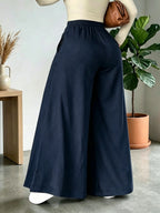 HMY Women's High-Waisted Wide-Leg Suit Pants, High-Quality Draping Fabric, Loose-Fit Straight-Leg Floor-Length Casual Trousers + Tab Lan - Navy Color