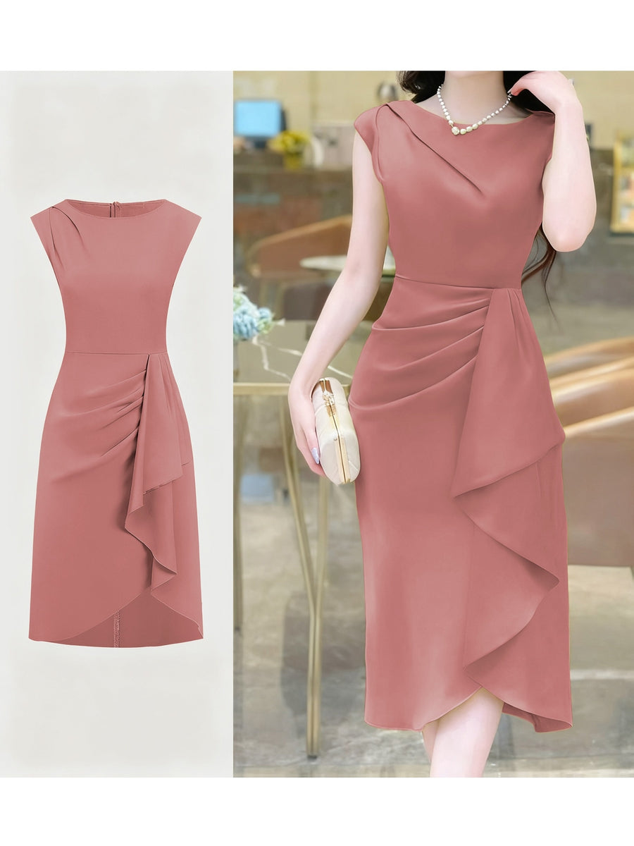 Spring-Summer Pleated Asymmetrical Elegant Design Women's Dress Gown - Peach