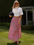 Red and White Plaid Irregular Ruffle Hem Midi Skirt, Summer Fashion Maxi Skirt, Vintage Casual Plaid Skirt for Leisure and Daily Wear - Red