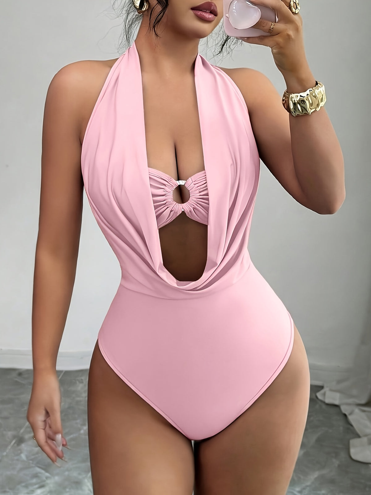 New Women's Solid Color Fashionable Summer Halter Neck Hollowed-out Bodysuit, Sexy Backless Tight-fitting Bodysuit, Slim Fit Bodysuit - pink