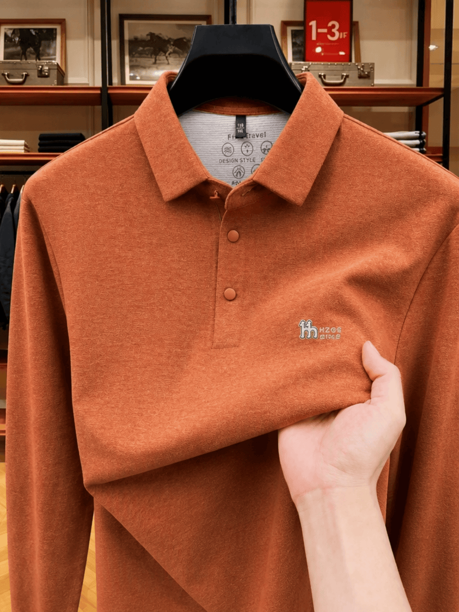 Men'S Lapel Long Sleeve Polo Shirt Solid Color Thin Pullover Top Spring Autumn Casual Layering Apparel for Golf Fishing Tennis Sports Daily Wear for Men - Pumpkin Color