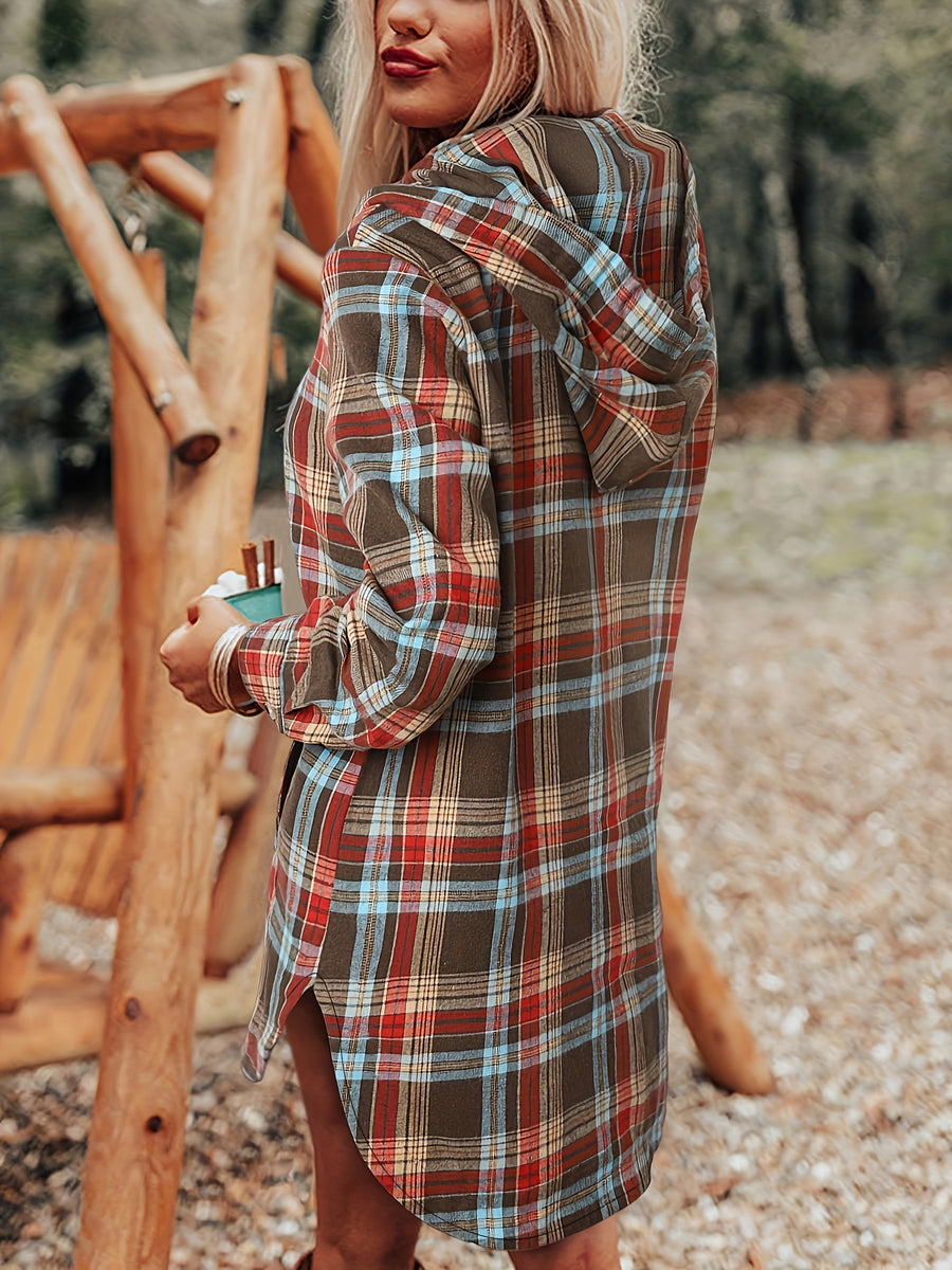 Early Autumn Fashion Vintage Loose Hooded Button Sweatshirt Shirt for Women, Soft Contrast Color Plaid Design, Hooded Style, Suitable for Vacation, Outings, and Commuting Wear - Deep Red