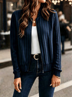 Elegant Directional, Elegant Solid Color Ribbed Zipper Long-Sleeve Jacket Coat - Autumn/Winter Style, Suitable for Commuting, Elegant Casual Wear, Wear - Deep Blue