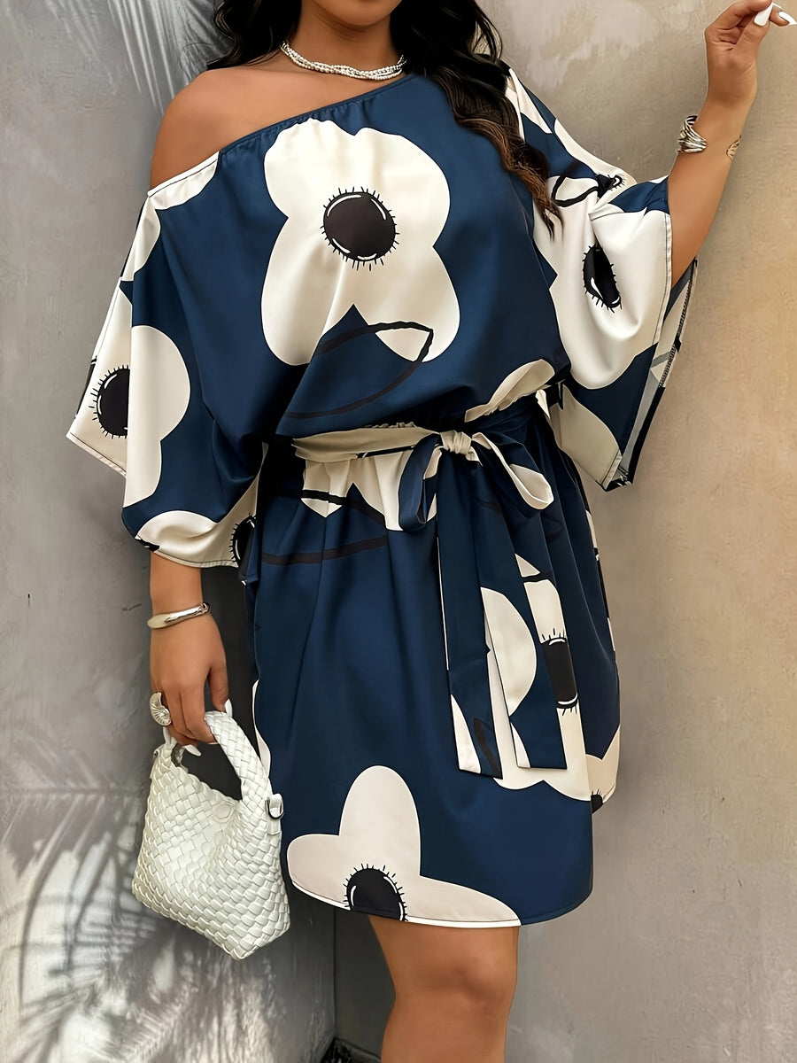 French Vintage Off-Shoulder Dress - Vertical Stripe A-Line Midi Dress with Waist Tie, Half-Sleeve Short Skirt Suitable for Vacation, Commuting, Office, Casual & Elegant Outfits, Loose Fit - Navy Color