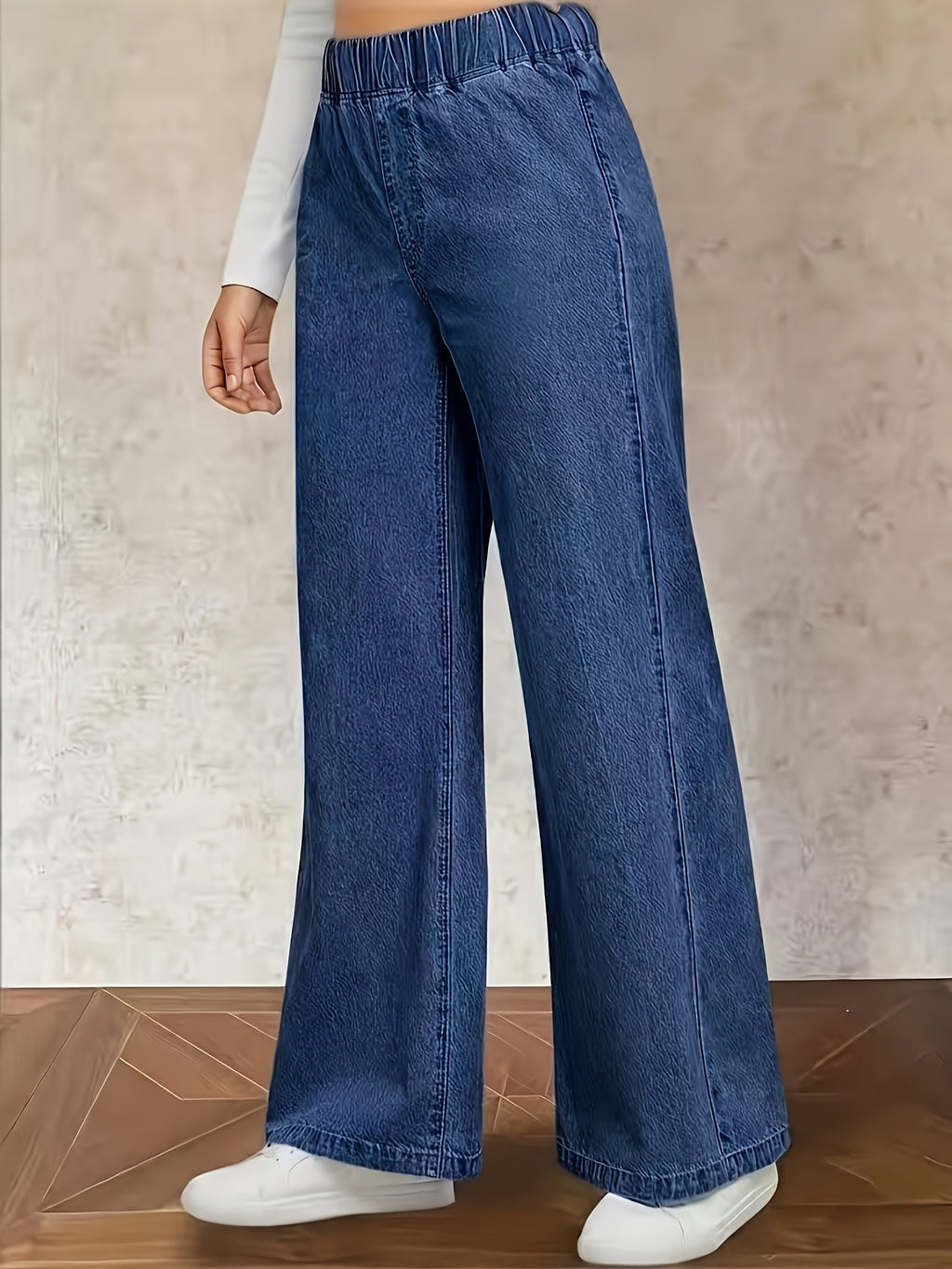 Women'S Washed Casual High-Waist Stretch Elastic Waist Top Blue Jeans And Clothing, Plus Size Women'S Jeans Long Pants All-Match Elegant Wide-Leg Cow Jean Plus Size Women'S Jeans Long Pants - Medium Blue