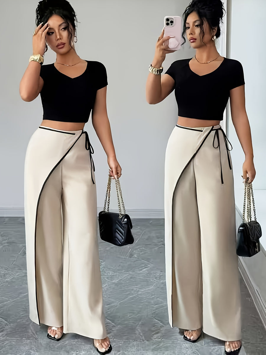 Black And White Contrast Premium Feel! Commuter Hot Favorite Design-Led Tie-Up Wide-Leg Pants - Beige