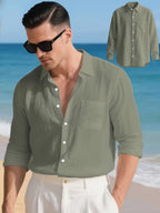 3pcs Men'S Casual Linen Shirts, Long Sleeve Button Tops with Chest Pocket, Lightweight Solid Color Shirts for Daily And Vacation - fern green