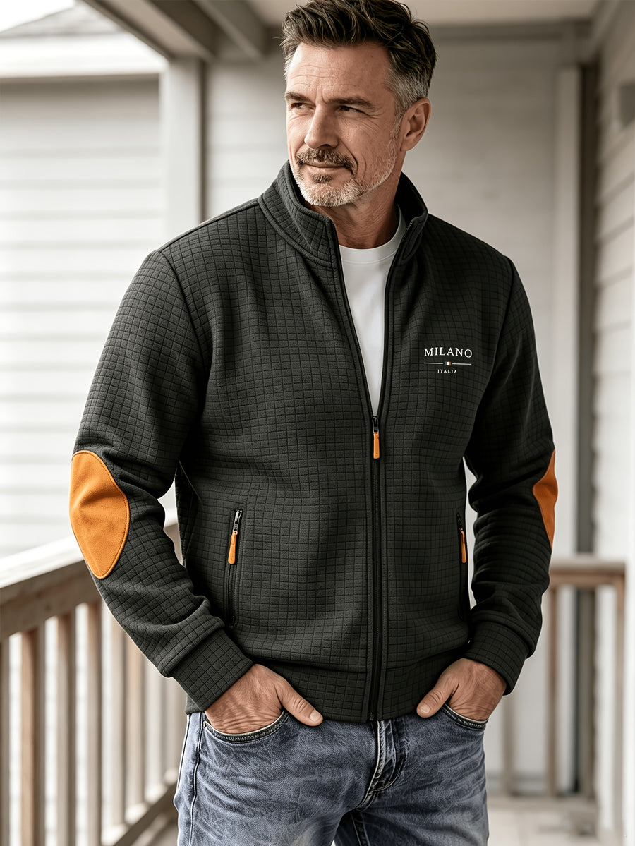 Men'S Autumn Winter Sports Stand-Collar Zipper Pocket Jacket, Spring Autumn Versatile Zipper Cardigan Top, Fashionable Plaid Jacquard Texture Fabric, Stylish Elbow Classic Color-Block Casual Coat, Suitable As Men'S Holiday Gift - Black