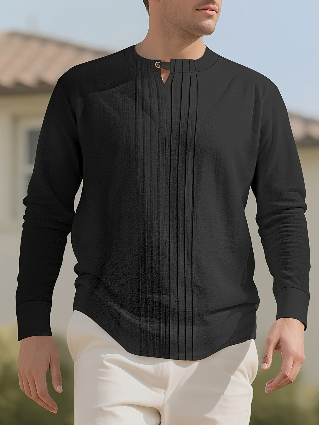 Men's Casual Shirts, Long-sleeve Casual Shirts, T-shirts, Men's Fashion Casual Wear, Solid Color Linen Long-sleeve Shirts, Breathable and Comfortable Short-sleeve Design, Quick-drying Fabric, Suitable for Wearing in Late Spring, Summer, and Early - Black