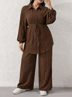 Solid Color Drop Shoulder Single-Breasted Top with Wide Leg Pants Casual Suit - Coffee Color