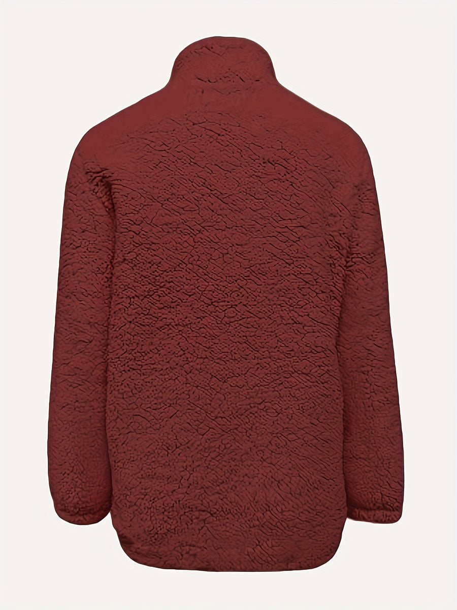 Women'S Faux Small Stand Collar Thick Jacket Coat - Burgundy
