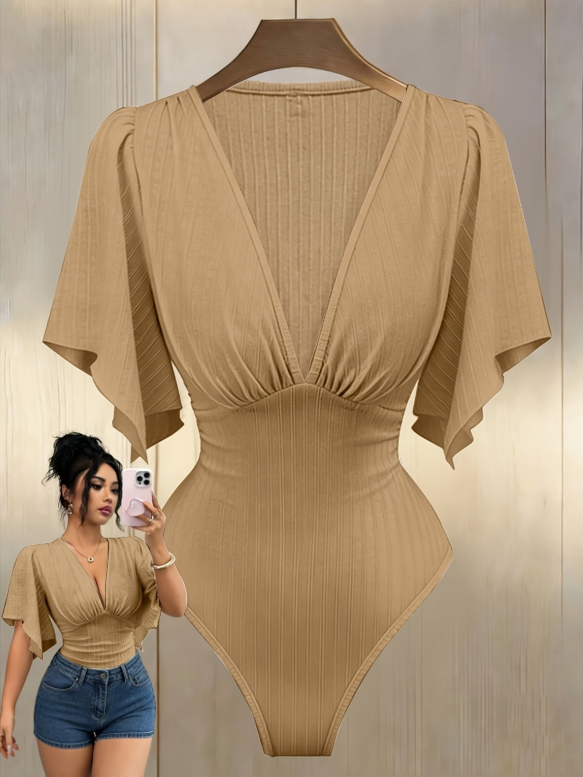 Ladies Elegant New V-Neck Texture Bust Pleats Ruffle Sleeves Slim Waist Elegant Jumpsuit, V-Neck Asymmetrical Cuffs Bodysuit Top - Khaki