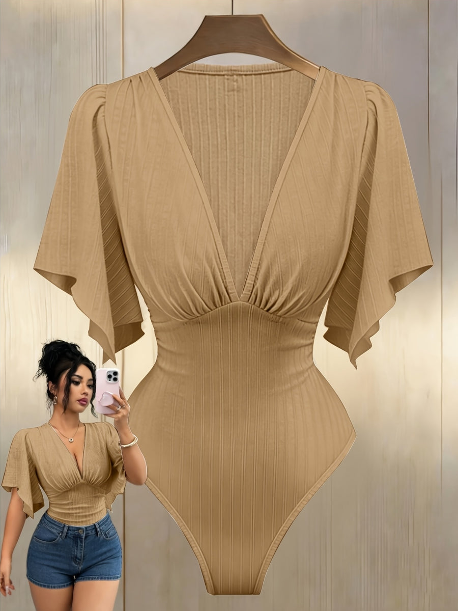 Ladies Elegant New V-Neck Texture Bust Pleats Ruffle Sleeves Slim Waist Elegant Jumpsuit, V-Neck Asymmetrical Cuffs Bodysuit Top - Khaki