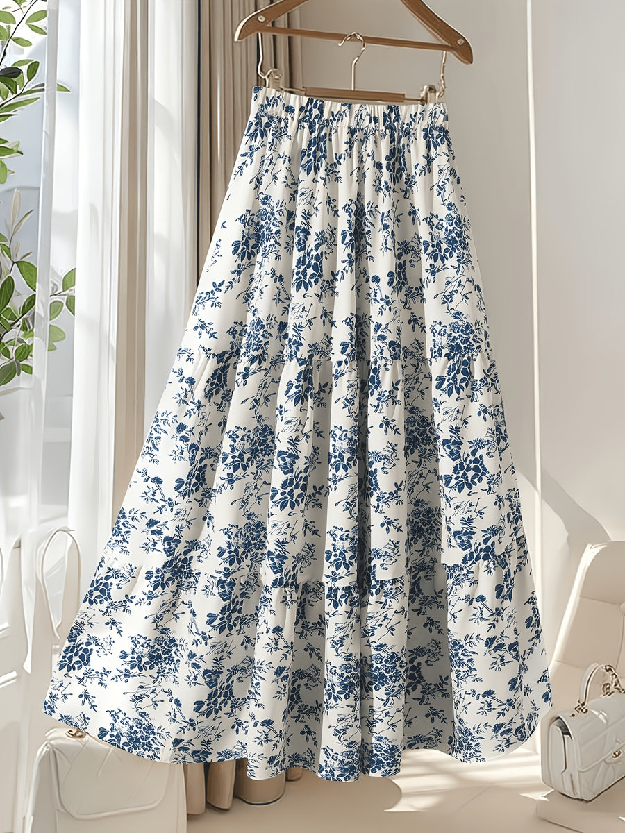 Women's Blue & White Porcelain Print Smock Dress - Multi-Layer Midi Dress with Pleated, Machine Washable Suitable for Weddings, Brunch & Casual Outfits, Non-Stretch Layered Dress - Multicolor