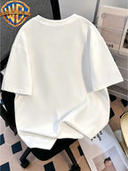 [Warner Official License] Cotton Crew Neck Casual Short Sleeve Top, Men's 100% Cotton Casual Comfortable and Versatile Summer Short Sleeve T-Shirt, Suitable for Outdoor Wear, Gym, Office and Everyday Fashion-men and Women Can Wear - White