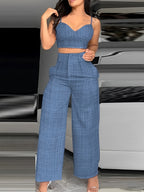 Women'S Solid Camisole Top And Wide-Leg Pants Loose Casual Fashion Set 2pcs Summer Outfit - Blue