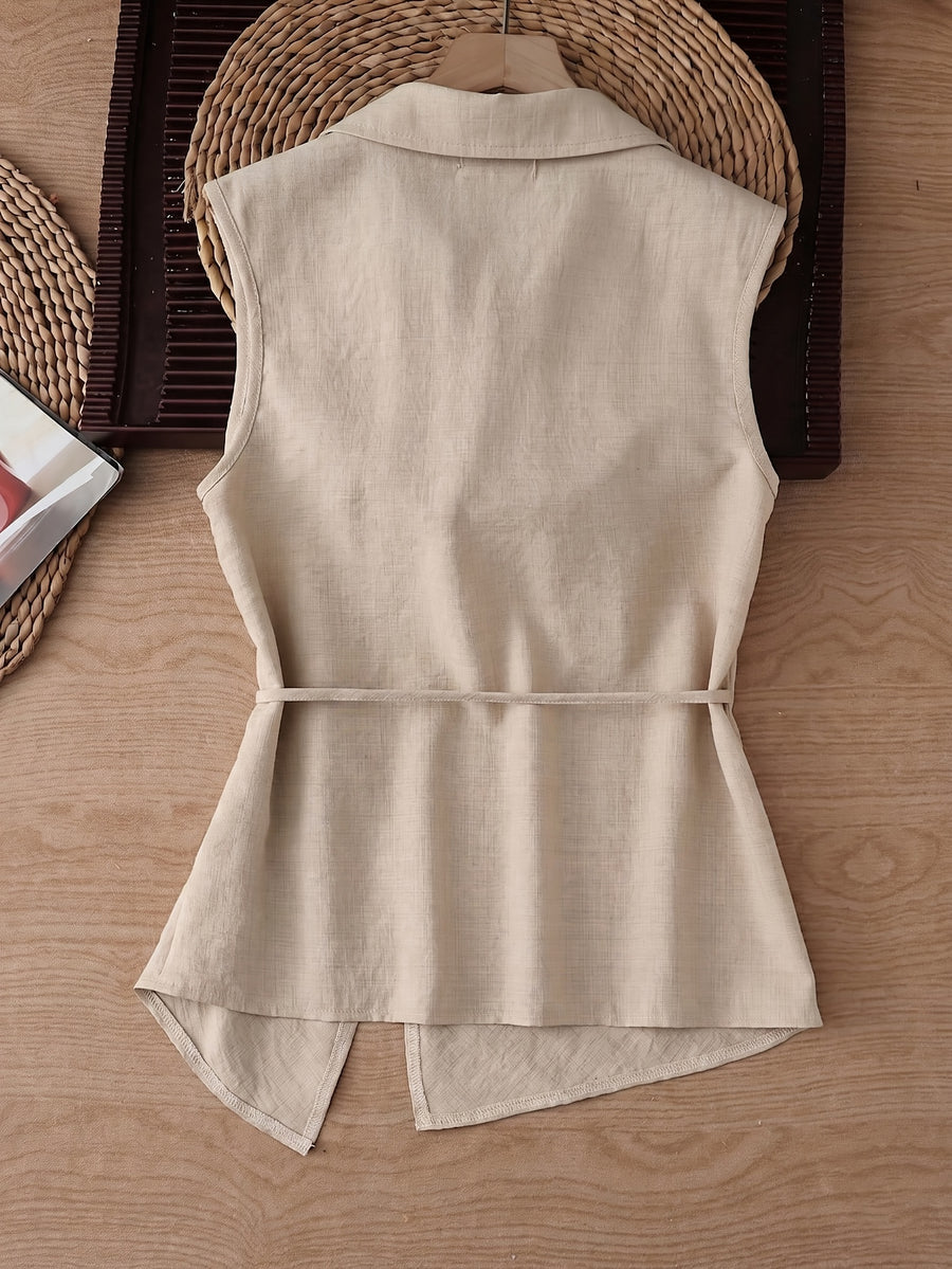 2026 New Sleeveless Vest, Lapel Tie-Waist Waist-Cinching Commuter Temperament Outer Top - Apricot