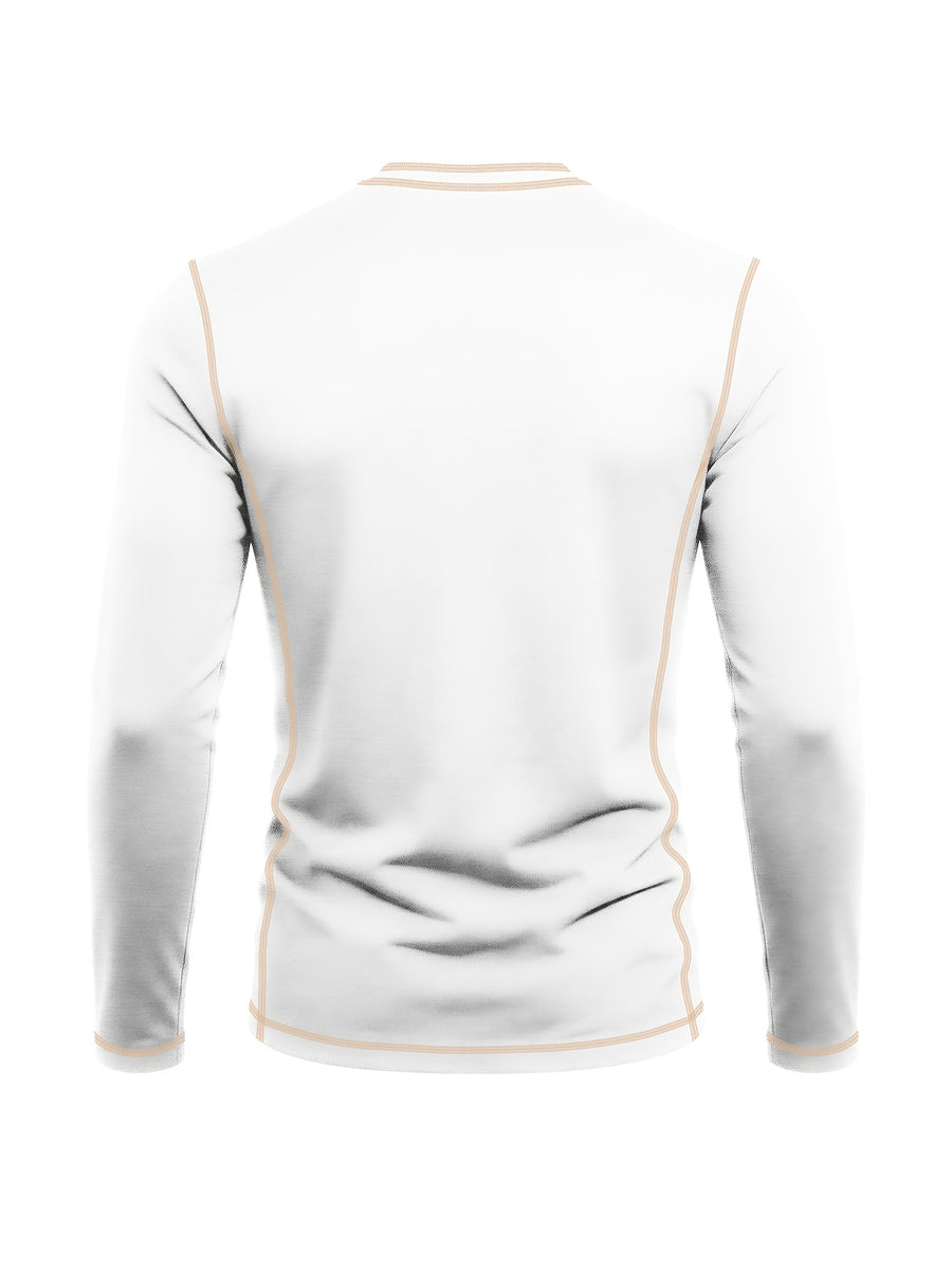 Men's Retro Patchwork T-Shirt - Solid Color Base with Contrast Patch Suitable for Fall/Winter, Round Neck Long Sleeve Casual Layering Top, Machine Washable Blending Shirt for Outdoor & Casual Attire (Regular Fit) - White