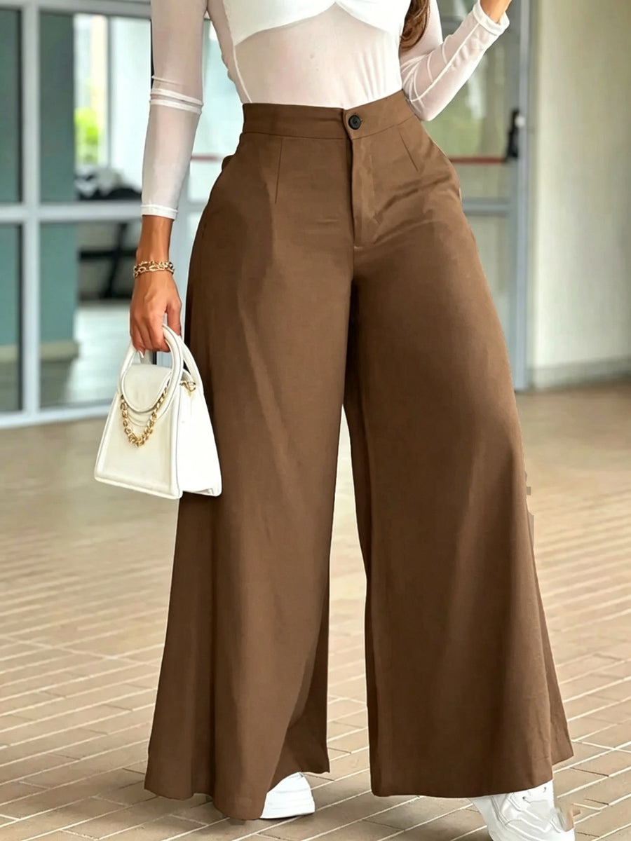 HMY Women's High-Waisted Wide-Leg Suit Pants, High-Quality Draping Fabric, Loose-Fit Straight-Leg Floor-Length Casual Trousers + Tab Lan - Khaki