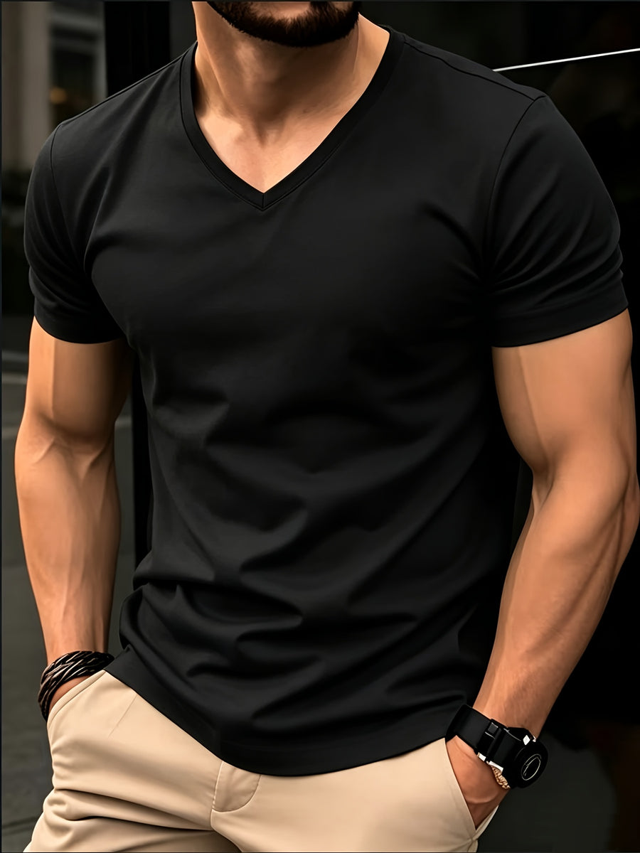 Men'S Basic V-Neck Short Sleeve High-Stretch Slight-Stretch Men'S T-Shirt 190G Regular Fit Commuter Base Layer Versatile Basic Style - Black