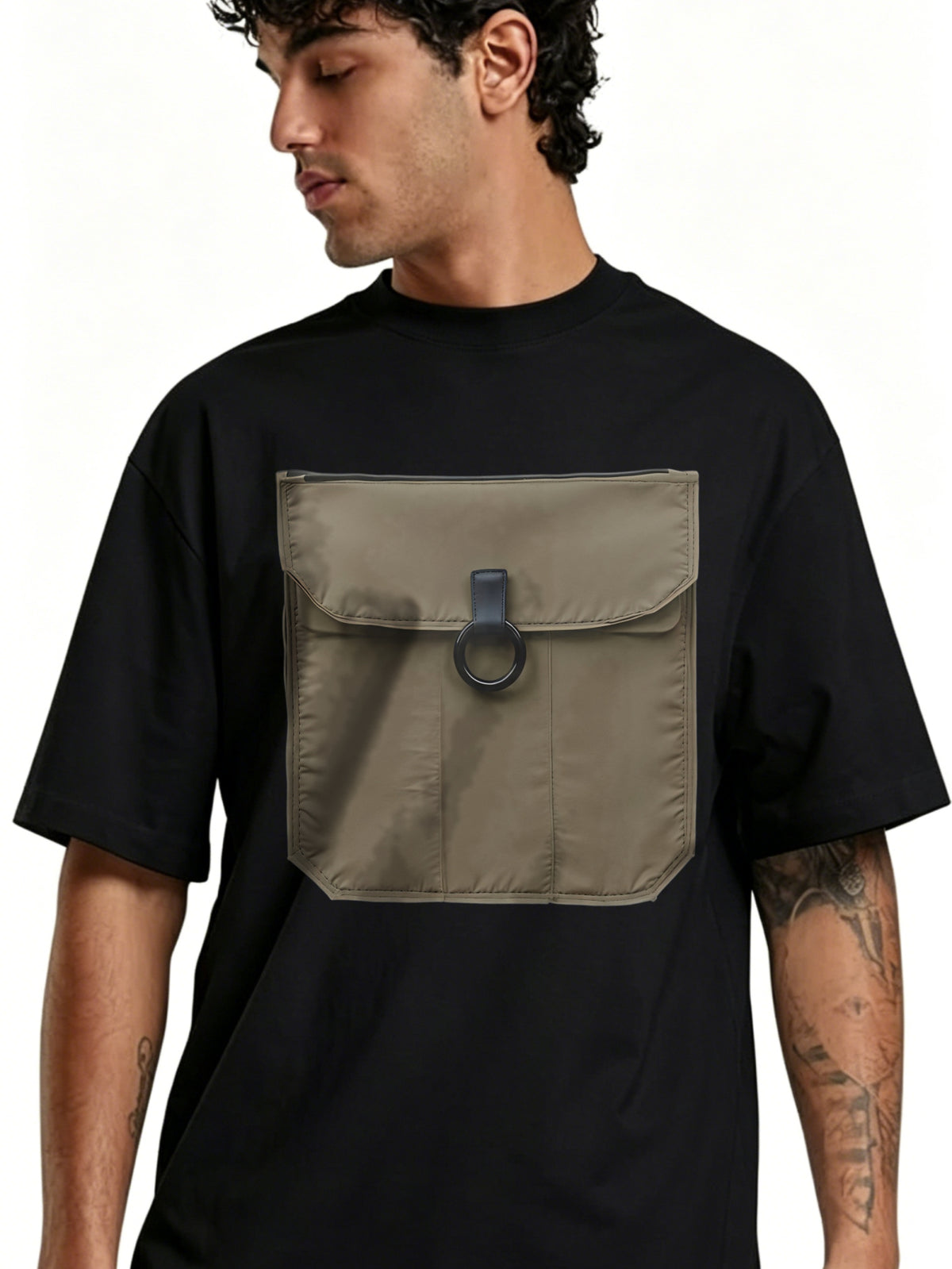 This Casual Streetwear Men'S T-Shirt Features a Large Front Pocket And a Ring Design, Suitable for Everyday Wear And Urban Outfits. It'S Unisex, Makes A, And Has Collectible Value - Black