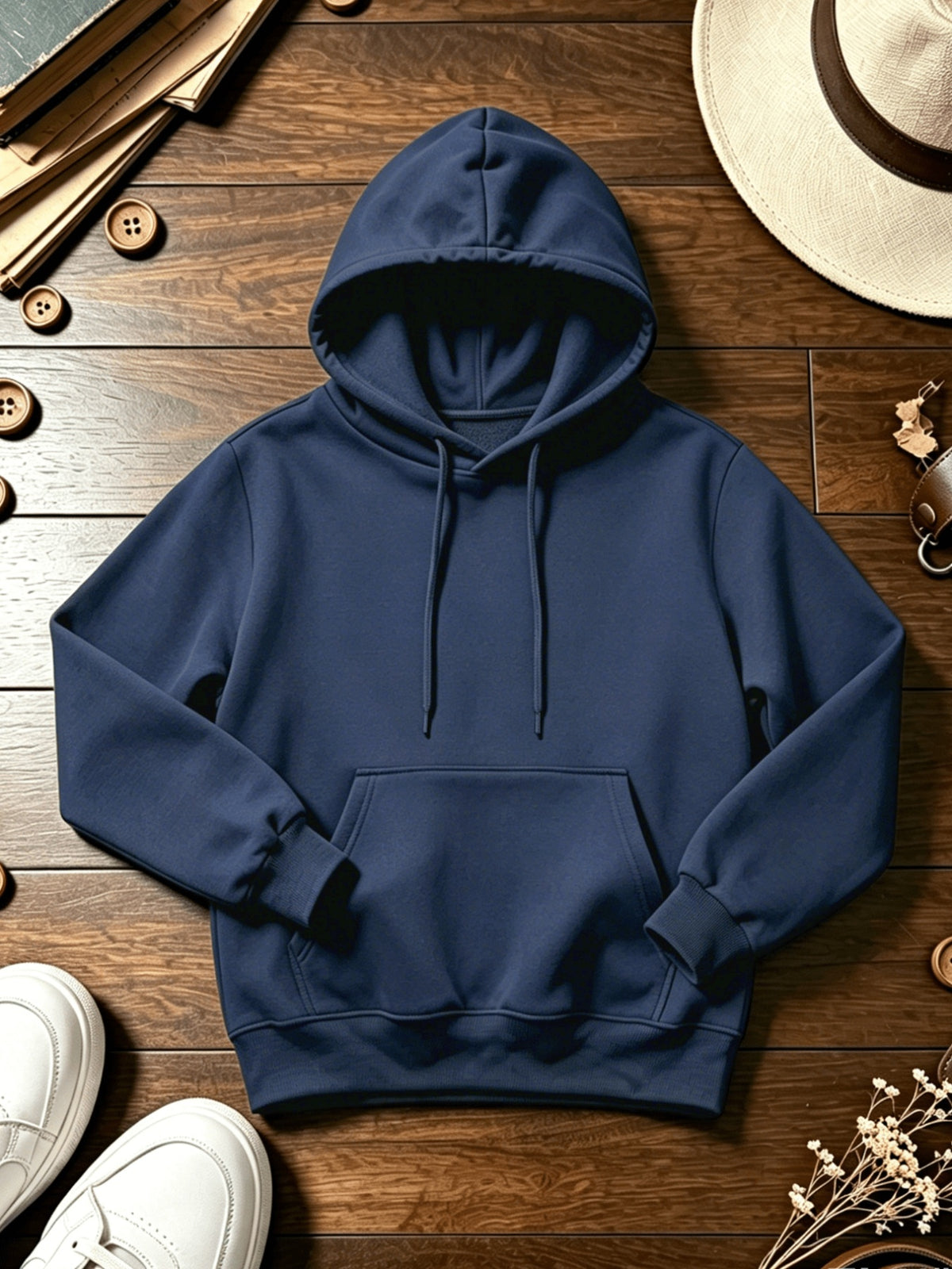 Men's Long Sleeve Hoodie, 100% Polyester Solid Color Pullover with Drawstring and Kangaroo Pocket, Adjustable Hood, Ribbed Cuffs and Hem, Regular Fit, Suitable for Casual Sports and Jogging - Spring/Fall/Winter - Navy Color