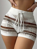 New Color-blocked Hollow-out Women's Shorts - Gray Brown White
