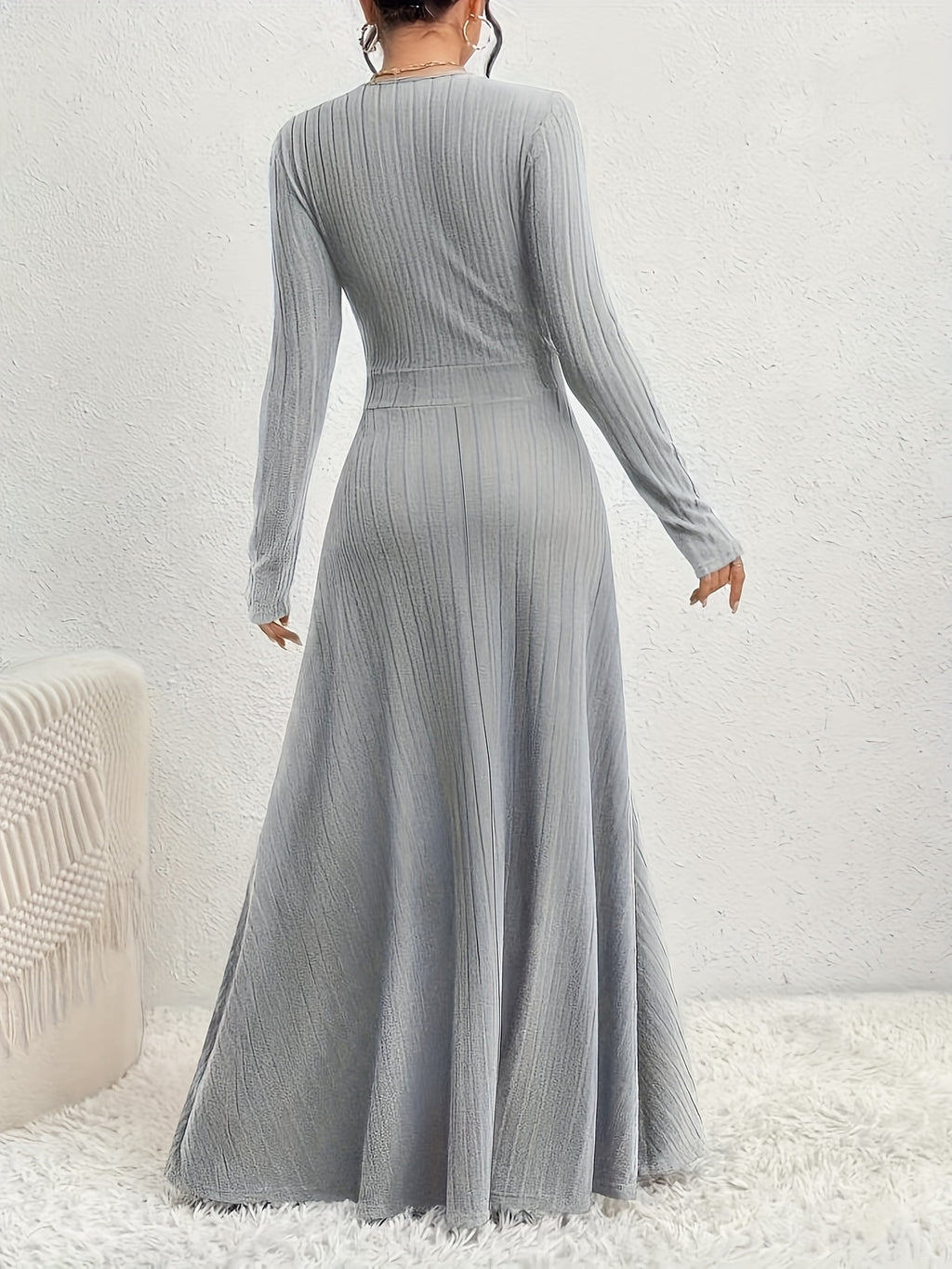 Women's A-Line Dress with Cross Neckline & Sleeves - Soft Stretch Midi Dress for All Seasons, Machine Washable Solid Color Elegant Casual to Formal Wear, Formal Attire, Construction - Grey