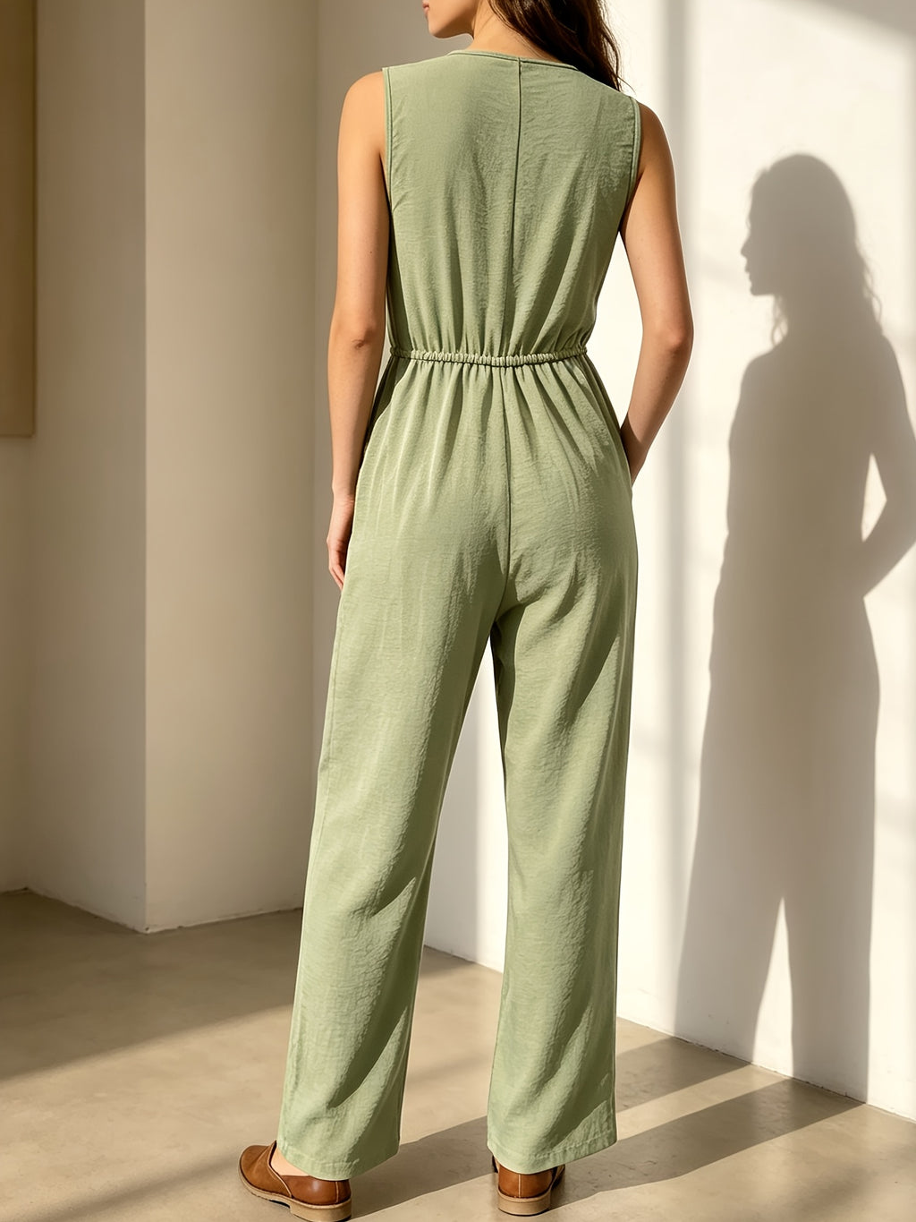 YYTT Women's V-Neck Sleeveless Button-Up Elegant Wide-Leg Jumpsuit - Matcha Color