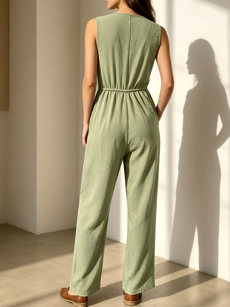 YYTT Women's V-Neck Sleeveless Button-Up Elegant Wide-Leg Jumpsuit - Matcha Color