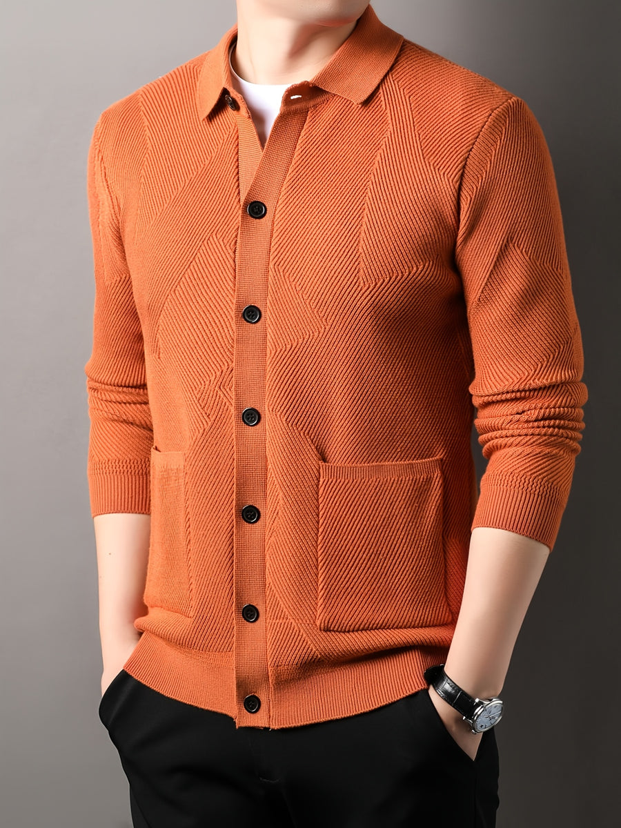 Du Jing Lan OBM Spring/Summer New Arrival Men's Knitted Cardigan, Old Money Style Solid Color Lapel Long Sleeve Open Front Knit Cardigan, Men's Business Casual Fashion Single-Breasted Ribbed Sweater Jacket with Side Pockets, Suitable for Layering - Orange-Red