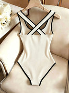 Sleeveless -Line Bodysuit - Solid Color Ribbed Suitable for Spring Summer Style Matching Top | Criss-Cross Back Square Neck Contrast Binding | Machine Washable Figure-Hugging Bodysuit for Daily Wear & Commuting - Off-white