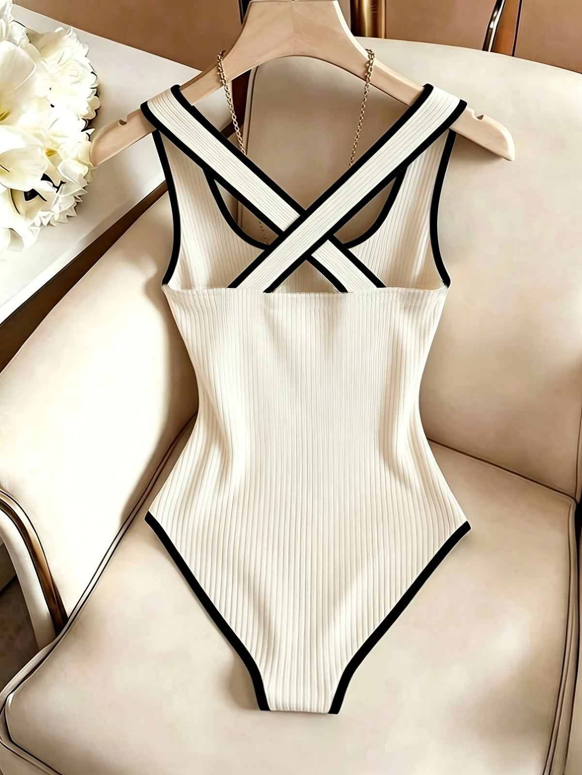 Sleeveless -Line Bodysuit - Solid Color Ribbed Suitable for Spring Summer Style Matching Top | Criss-Cross Back Square Neck Contrast Binding | Machine Washable Figure-Hugging Bodysuit for Daily Wear & Commuting - Off-white