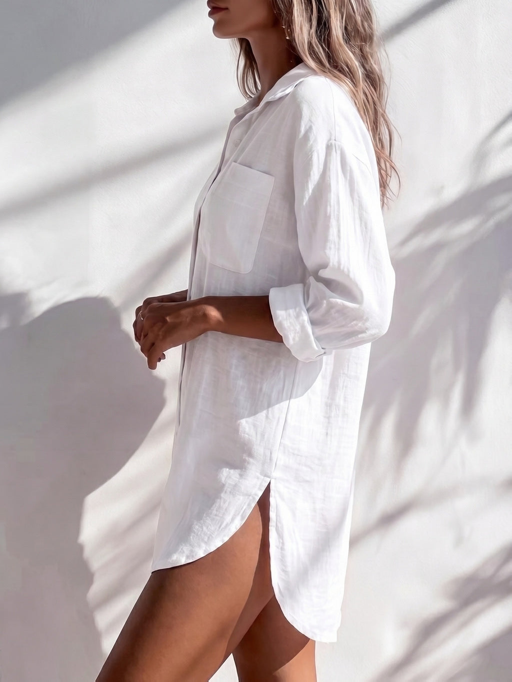 Women'S Solid Color Long Sleeve Mid-Length Shirt, Casual Everyday Wear, Temperament Easy Commute Style, Straight Loose Fit, Comfortable And Breathable Fabric, Seaside Vacation, Home Comfort Wear, Spring Summer Fall Winter All-Season Women'S Shirt - White