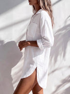 Women'S Solid Color Long Sleeve Mid-Length Shirt, Casual Everyday Wear, Temperament Easy Commute Style, Straight Loose Fit, Comfortable And Breathable Fabric, Seaside Vacation, Home Comfort Wear, Spring Summer Fall Winter All-Season Women'S Shirt - White